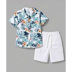 Babyhug 100% Cotton Woven Half Sleeves Floral Printed Shirt & Shorts With Cargo Pockets - Blue & White