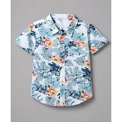Babyhug 100% Cotton Woven Half Sleeves Floral Printed Shirt & Shorts With Cargo Pockets - Blue & White