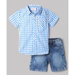 Babyhug Cotton Blend Woven Half Sleeves Checked Shirt and Denim Shorts - Blue