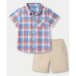 Babyhug 100% Cotton Woven Half Sleeves Shirt and Shorts with Checks - Beige
