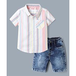 Babyhug Woven Half Sleeves Striped Shirt and Denim Shorts Set - White