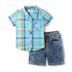 Babyhug Cotton Woven Half Sleeves Checked Shirt and Shorts Set - Blue