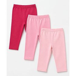 Babyhug Cotton Lycra Elastane Knit Full Length Solid Leggings Pack of 3 - Red, Pink & Peach