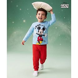 Babyhug Disney Single Jersey Knit Full Sleeves T-Shirt & Pyjama Night Suit with Mickey Mouse Graphics -  Blue & Red