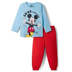 Babyhug Disney Single Jersey Knit Full Sleeves T-Shirt & Pyjama Night Suit with Mickey Mouse Graphics -  Blue & Red