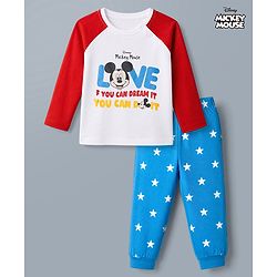 Babyhug Disney Single Jersey Knit Full Sleeve T Shirt Pyjama Night Suit With Mickey Mouse Graphic in Red