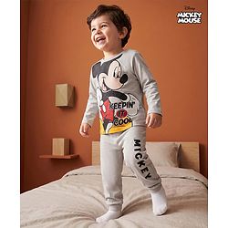 Babyhug Disney Single Jersey Knit Full Sleeves T-shirt & Pyjama Night Suit With Mickey Mouse Graphic -Grey