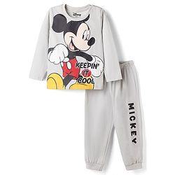 Babyhug Disney Single Jersey Knit Full Sleeves T-shirt & Pyjama Night Suit With Mickey Mouse Graphic -Grey