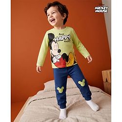 Babyhug Disney Single Jersey Knit Full Sleeves T-Shirt & Pyjama Night Suit with Mickey Mouse Graphics - Light Green & Navy Blue