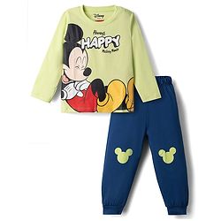 Babyhug Disney Single Jersey Knit Full Sleeves T-Shirt & Pyjama Night Suit with Mickey Mouse Graphics - Light Green & Navy Blue