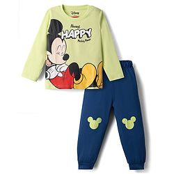 Babyhug Disney Single Jersey Knit Full Sleeves T-Shirt & Pyjama Night Suit with Mickey Mouse Graphics - Light Green & Navy Blue
