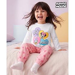 Babyhug Disney 100% Cotton Knit Full Sleeves T-Shirt & Pyjama Night Suit With Minnie Mouse & Friends Graphic - White & Pink