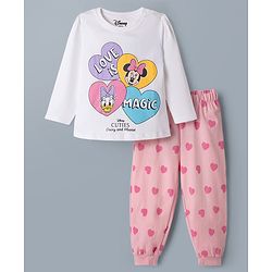 Babyhug Disney 100% Cotton Knit Full Sleeves T-Shirt & Pyjama Night Suit With Minnie Mouse & Friends Graphic - White & Pink
