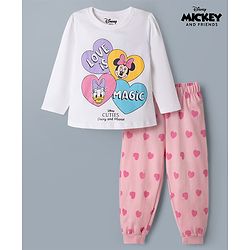 Babyhug Disney 100% Cotton Knit Full Sleeves T-Shirt & Pyjama Night Suit With Minnie Mouse & Friends Graphic - White & Pink