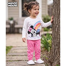 Babyhug Disney Single Jersey Knit Full Sleeves T-Shirt & Pajama Night Suit with Hearts & Minnie Mouse Graphics - White & Pink