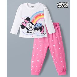Babyhug Disney Single Jersey Knit Full Sleeves T-Shirt & Pajama Night Suit with Hearts & Minnie Mouse Graphics - White & Pink