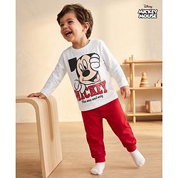 Babyhug Disney Single Jersey Knit Full Sleeves T-shirt & Pyjama Night Suit With Mickey Mouse Graphic -White