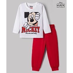 Babyhug Disney Single Jersey Knit Full Sleeves T-shirt & Pyjama Night Suit With Mickey Mouse Graphic -White