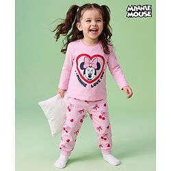 Babyhug Disney Single Jersey Knit Full Sleeves T-Shirt & Pajama Night Suit with Minnie Mouse Graphics - Pink
