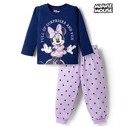 Babyhug Disney Single Jersey Knit Full Sleeves T-Shirt & Pajama Night Suit with Minnie Mouse Graphics - Navy Blue