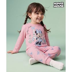 Babyhug Disney Single Jersey Knit Full Sleeves T-Shirt & Pajama Night Suit with Minnie Mouse Graphics - Light Pink