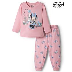 Babyhug Disney Single Jersey Knit Full Sleeves T-Shirt & Pajama Night Suit with Minnie Mouse Graphics - Light Pink