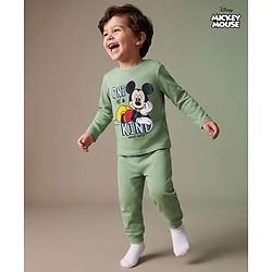 Babyhug Disney 100% Cotton Knit Full Sleeves T-Shirt & Pyjama Night Suit With Mickey Mouse Graphic - Green
