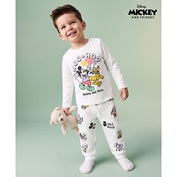 Babyhug Disney 100% Cotton Knit Full Sleeves T-Shirt & Pyjama Night Suit With Mickey Mouse Graphic - White