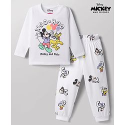 Babyhug Disney 100% Cotton Knit Full Sleeves T-Shirt & Pyjama Night Suit With Mickey Mouse Graphic - White