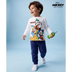 Babyhug Disney 100% Cotton Knit Full Sleeves T-Shirt & Pyjama Night Suit With Mickey & Family Graphic - Blue