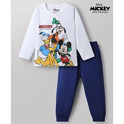 Babyhug Disney 100% Cotton Knit Full Sleeves T-Shirt & Pyjama Night Suit With Mickey & Family Graphic - Blue