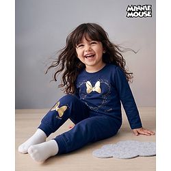 Babyhug Disney Single Jersey Knit Full Sleeves T-Shirt & Pyjama Night Suit with Minnie Mouse Graphics - Navy Blue