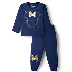 Babyhug Disney Single Jersey Knit Full Sleeves T-Shirt & Pyjama Night Suit with Minnie Mouse Graphics - Navy Blue