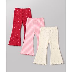 Babyhug Cotton Lycra Knit Full Length Striped & Hearts Printed Leggings Pack Of 3 - Red Pink & White