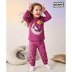 Babyhug Disney Single Jersey Knit Full Sleeves T-Shirt & Pyjama Night Suit with Minnie Mouse Graphic - Dark Pink
