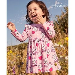 Babyhug Disney Single Jersey Knit Frock with Full Sleeves and Marie Graphic - Light Pink