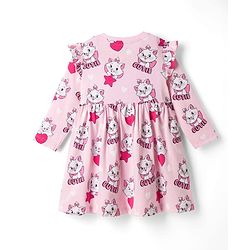 Babyhug Disney Single Jersey Knit Frock with Full Sleeves and Marie Graphic - Light Pink