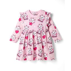 Babyhug Disney Single Jersey Knit Frock with Full Sleeves and Marie Graphic - Light Pink