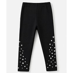 Babyhug Cotton Lycra Knit Slim Fit Full Length Leggings with Stars Foil Print in Black