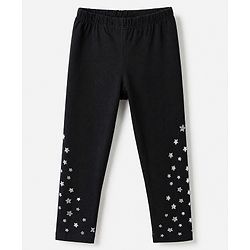 Babyhug Cotton Lycra Knit Slim Fit Full Length Leggings with Stars Foil Print in Black