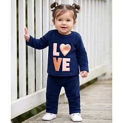 Babyhug Full Sleeves Fur Woven Full Length WInter Wear Suit With Text Print - Navy Blue