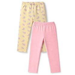 Babyhug Cotton Lycra Elastane Knit Full Length Solid & Floral Printed Leggings Pack Of 2 - Pink & Yellow