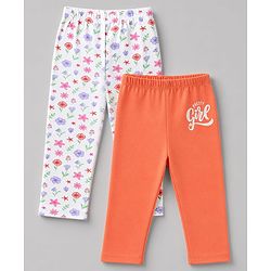 Babyhug Cotton Lycra Knit Full Length Floral & Text Printed Leggings Pack Of 2 - Orange & White
