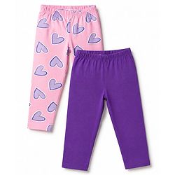 Babyhug Cotton Lycra Knit Full Length Leggings With Heart Print Pack of 2 - Pink & Purple