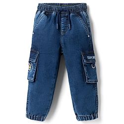 Babyhug Full Length Denim Joggers With Cargo Pockets - Blue
