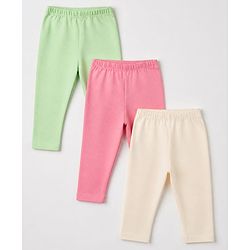 Babyhug Cotton Lycra Elastane Knit Slim Fit Full Length Solid Leggings Pack of 3 - Light Green, Pink & Cream