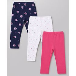 Babyhug Cotton Lycra Knit Full Length Floral & Polka Dots Printed Leggings Pack of 3 - Navy Blue Dark Pink & White