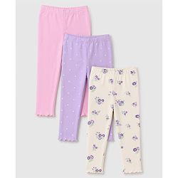 Babyhug Cotton Elastane Lycra Knit Full Length Leggings With Polka Dot & Floral Print Pack of 3 - Beige, Purple & Pink