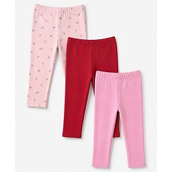 Babyhug Cotton Elastane Lycra Knit Solid Floral Printed Leggings Female Pack of 3 - Pink Red