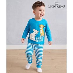 Babyhug Disney Single Jersey Knit Full Sleeves Co-Ords T-Shirt & Pyjama Night Suit with Lion King Print - Aqua Blue